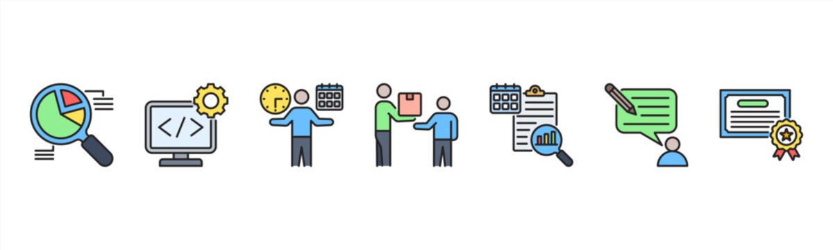 Training Management icon set includes Needs Analysis, Program Design, Scheduling, Delivery, Evaluation, Feedback, and Certification for effective training programs.