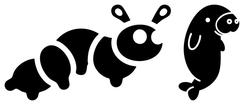 Simple black silhouette featuring a segmented larva or inchworm alongside a cute little pup. This minimalist creature set shows a tiny seal and a crawling bug in a clean graphic style.