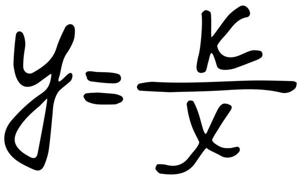 Handwritten mathematical formula of an inverse variation function. Isolated vector equation lettering with fraction for algebra design