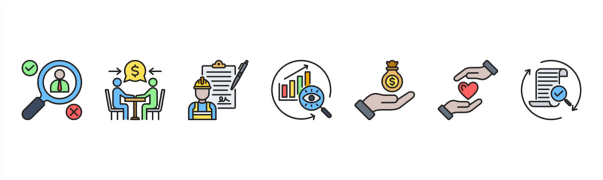 Vendor Management icon set includes Selection, Negotiation, Contracting, Monitoring, Payment, Relationship Management, and Review for supplier collaboration.