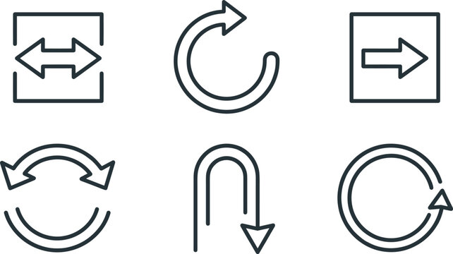 Minimalist Arrow Icon Set with Linear Navigation Symbols for Refresh, Undo, Next, Circular Loop, and Interface Direction Controls in Mobile Web Apps