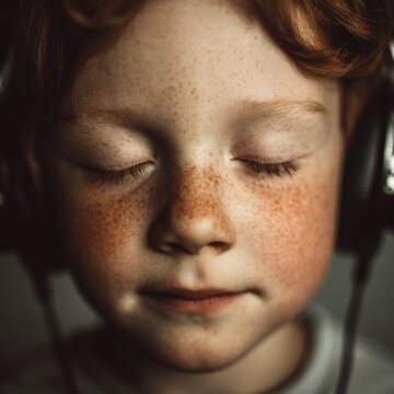 Young red-haired child with closed eyes enjoying music through headphones, highlighting peaceful expression and gentle lighting on freckles and soft skin