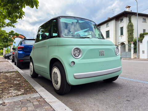 The Fiat Topolino electric car is a light quadricycle that can be driven by children aged 14 and up. Udine, Italy, June 5, 2026