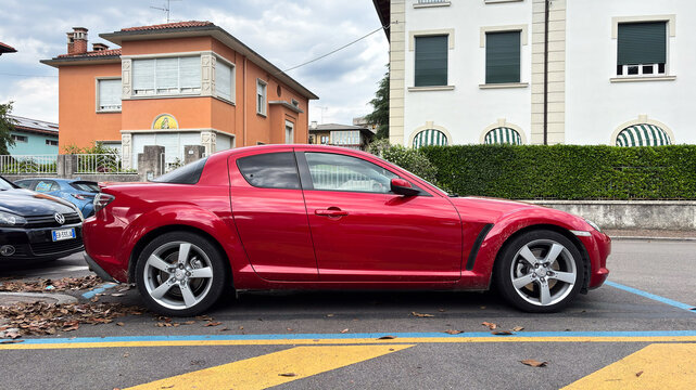 The Mazda RX-8, a sports coupe famous for its Wankel rotary engine, features a four-seater coupe body style. Udine, Italy, June 5, 2026