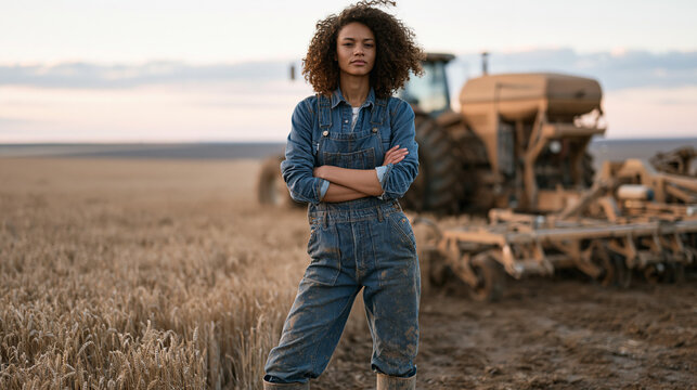 Confident female farmer in worn denim overalls and muddy work boots standing alone in a golden grain field at dusk, arms crossed with quiet authority beside a precision planting