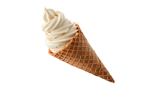 Crisp wafer waffle cone with soft serve vanilla ice cream swirl on transparent background