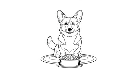 Fototapeta premium Corgi sitting by dog food bowl.