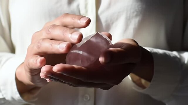 Gently cupped hands hold a large, faceted, light pink crystal with soft, white fabric behind