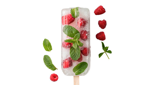 Fresh fruit popsicle bar with strawberry slices on a wooden stick on transparent background