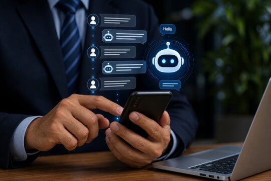 Businessman uses a smartphone to interact with a chatbot interface, displaying conversation bubbles and a friendly robot icon on a dark background.