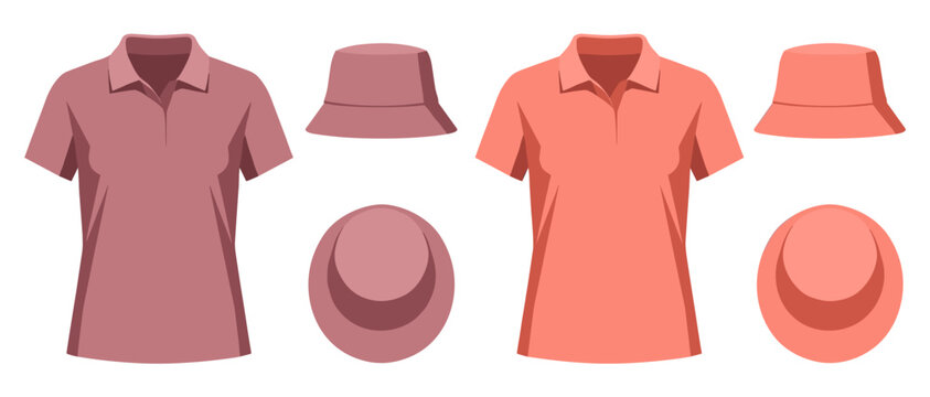 Set of women's polo shirt and bucket hat templates. Dusty rose and salmon casual mockup, top and side view. vector illustration