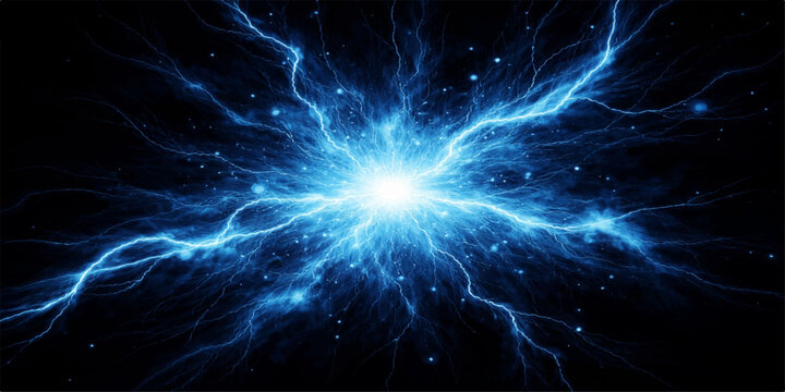 Electric Spark Explosion: A brilliant burst of blue energy, with radiating lightning bolts and glowing particles, evokes a powerful surge of electricity or a scientific phenomenon.