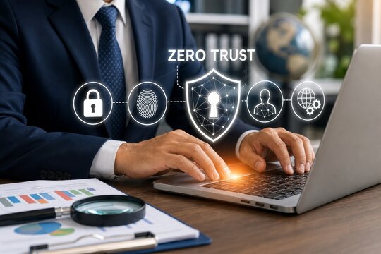 Businessman types on a laptop displaying a zero trust security model with icons for authentication and access control, emphasizing cybersecurity.