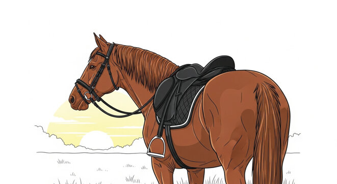 Brown Horse Wearing Black Saddle.