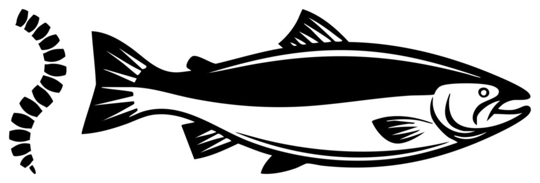 Striking graphic of a salmon, also known as a silverfish or river dweller, captured in a clean stencil style. This aquatic creature features sharp and a distinct ripple element.