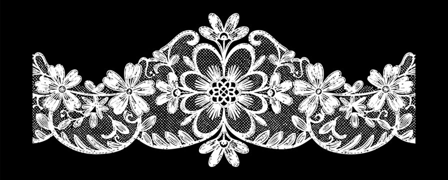 Intricate floral lace border design with delicate petals and symmetrical patterns isolated on white background