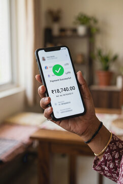Indian hand holding smartphone showing UPI banking app successful transaction, mobile payment and digital finance India