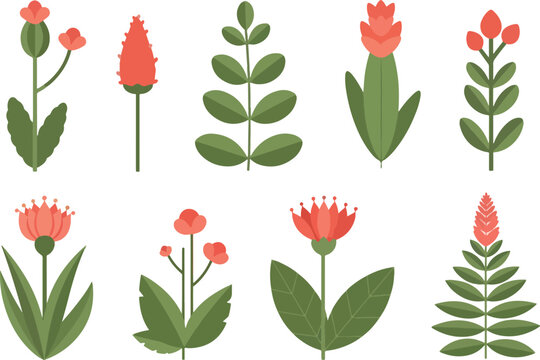 Collection of Stylized Orange and Green Floral Illustrations.