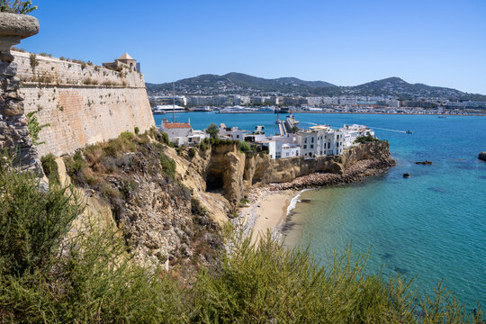 &laquo;Ibiza, Spain&raquo;; May 26 2026: View from Baluarte de Santa Lucia ancient fortress wall over the historic white houses and traditional buildings of Dalt Vila old town, a UNESCO World Heritage site