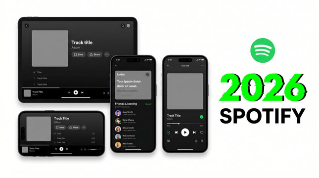 Spotify music streaming app UI mockup on smartphone and tablet screens, 2026 digital music platform interface with playlist, track playback, lyrics display, social friends listening, dark theme.