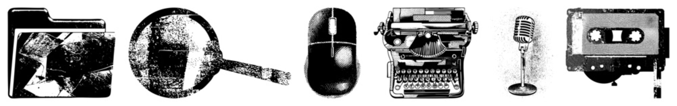 Grunge era tools including a dusty magnifying glass, old school typewriter, and classic cassette tape. Retro gadgets like the computer mouse and folder feature a heavy halftone texture.