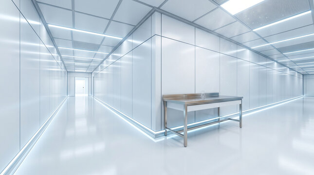 A long white laboratory hallway with a stainless steel table and a beaker on it inside