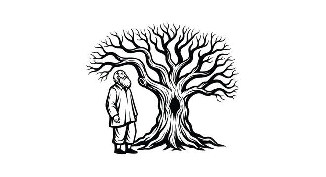 Man standing beside large tree.