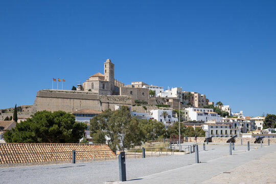 &laquo;Ibiza, Spain&raquo;; May 26 2026: View from Baluarte de Santa Lucia ancient fortress wall over the historic white houses and traditional buildings of Dalt Vila old town, a UNESCO World Heritage site