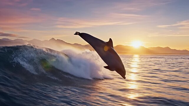A dolphin leaps from a breaking wave at sunset with mountains in the background