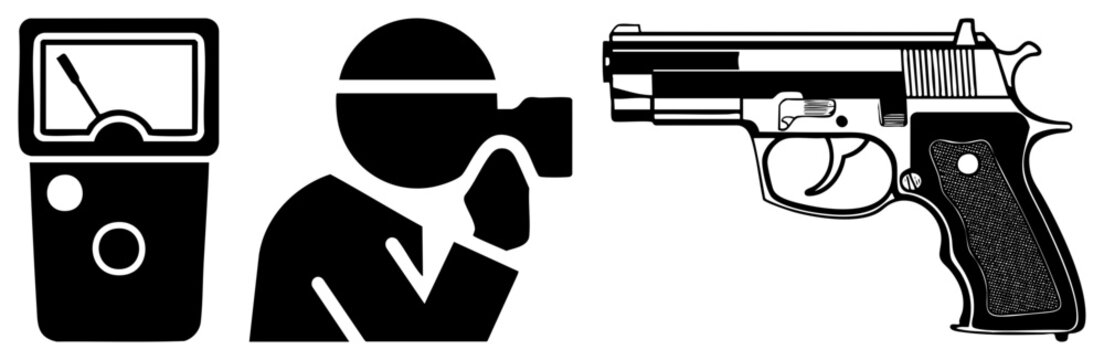 This set includes a tactical piece, a discrete snooper, and a handheld firearm. A shadowy uses a spycam, while a classic piece rests beside a surveillance device.