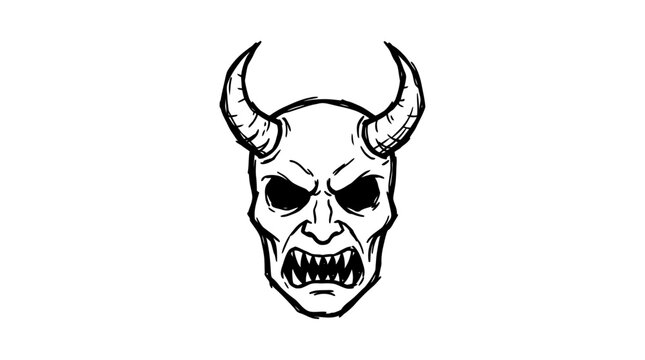 A devilish skull with horns and sharp teeth.