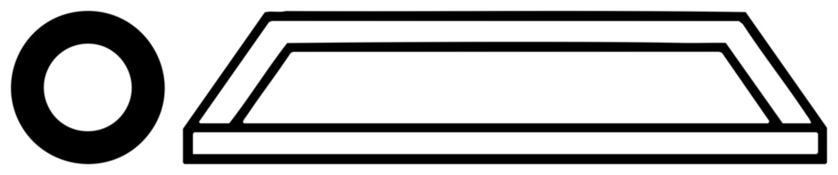 Stark black ink arrangement featuring a thick ring or donut shape beside a wide trapezoidal tray. This graphic layout uses a simple loop and a shallow basin to create a balanced geometric study.