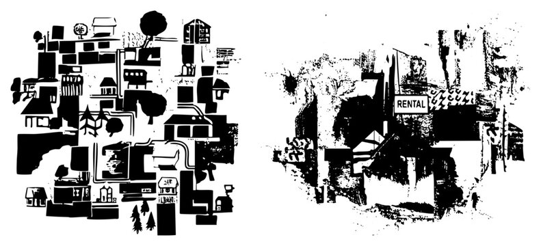 Gritty cityscape featuring various urban structures, a small townscape, and architectural block shapes. This textured shows a messy hamlet and various streetscape elements.