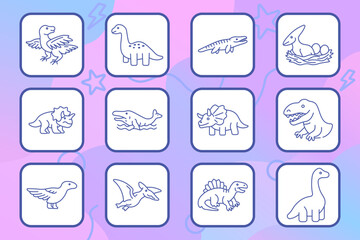 Dinosaur prehistoric set icon. Flying reptile, sauropod, crocodile, nest, triceratops, marine creature, horned species, predator, pterosaur, jurassic animals, evolution, extinct wildlife © Кирилл Макаров