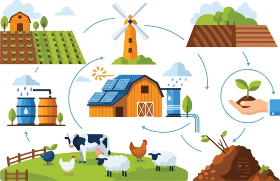 Sustainable farming cycle with renewable energy and livestock.