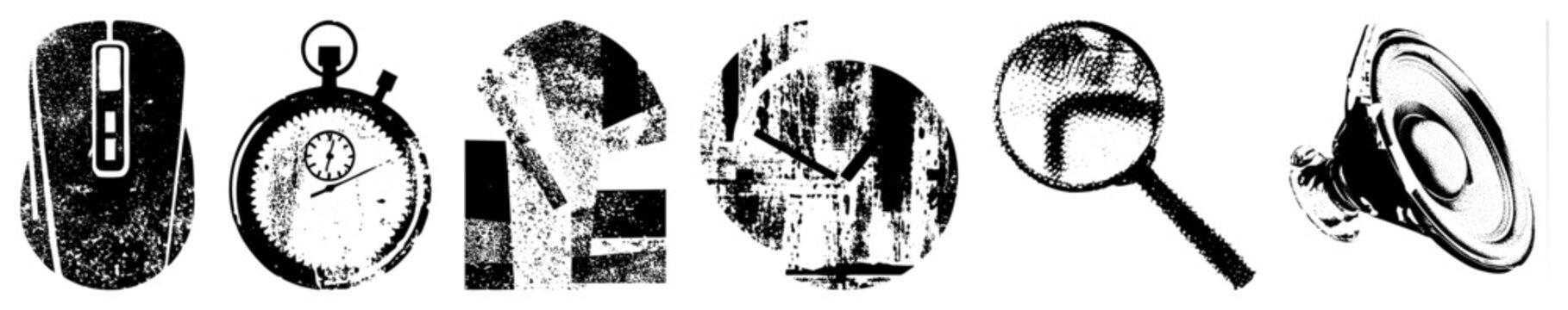 Collection of distressed elements featuring a computer mouse, a stopwatch timer, and a magnifying glass. These gritty textures include a speaker driver and abstract shapes for a raw, stencil look.
