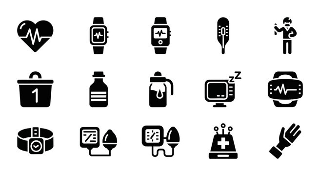 Medical Health Icons Set: Heartbeat, Smartwatch, Thermometer, Doctor, Blood Pressure Monitor, Pill Bottle, Water Bottle, Sleep Monitor, Stethoscope, Glove