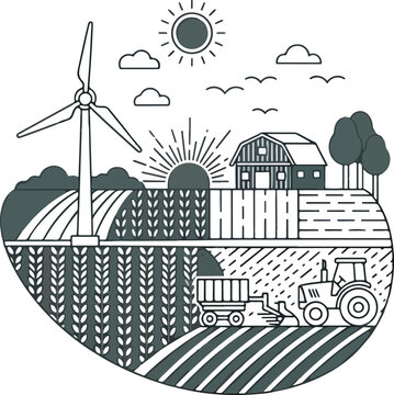 Modern Sustainable Agriculture Farm with Wind Turbine and Tractor.