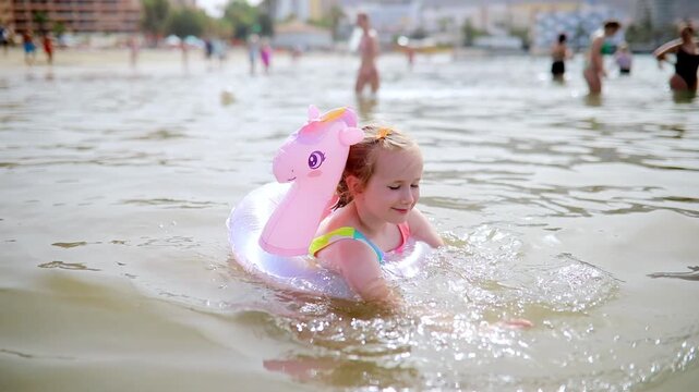 Little girl playing in shallow sea water with an inflatable unicorn swim ring in Los Cristianos, Tenerife, Canary Islands, Spain