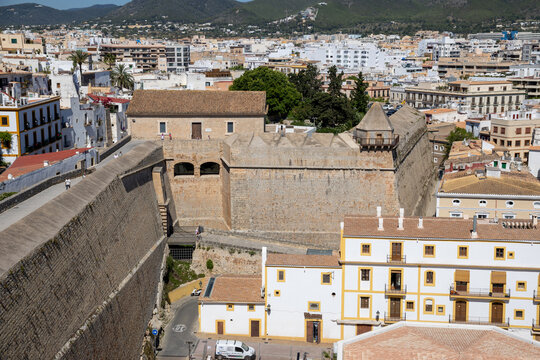 &laquo;Ibiza, Spain&raquo;; May 26 2026: View from Baluarte de Santa Lucia ancient fortress wall over the historic white houses and traditional buildings of Dalt Vila old town, a UNESCO World Heritage site