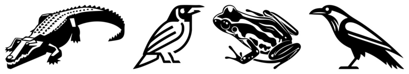 Obraz premium This collection features a toothy croc, a small songbird, a spotted toad, and a dark raven. These stylized silhouettes capture essential animal forms through bold and high contrast.