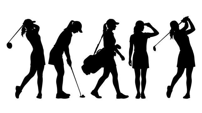 black golf girl silhouettes set, female golfer characters isolated