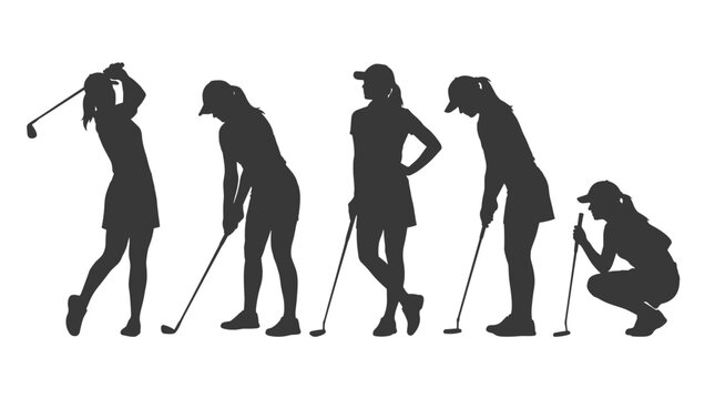 charcoal gray golf girl silhouettes, woman golfer stance collection