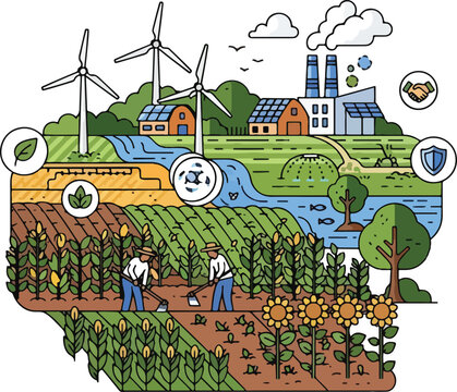 Sustainable agriculture and renewable energy integration illustration.