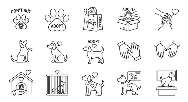 Adopt dont buy pet icons, animal shelter illustrations, dog rescue symbols
