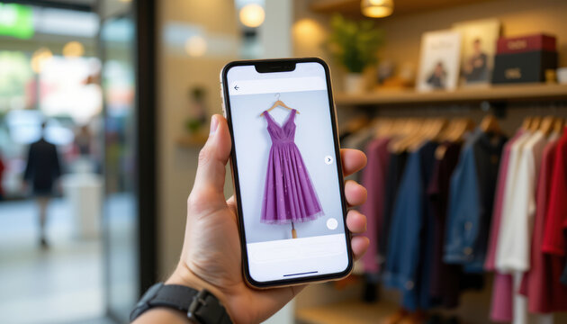 Purple dress smartphone online shopping mobile app retail store fashion fitting room female clothing ecommerce consumer