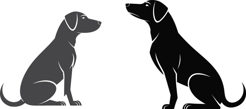 Two sitting dog silhouettes in side profile view featuring sleek canine shapes for veterinary clinic logo design and pet branding