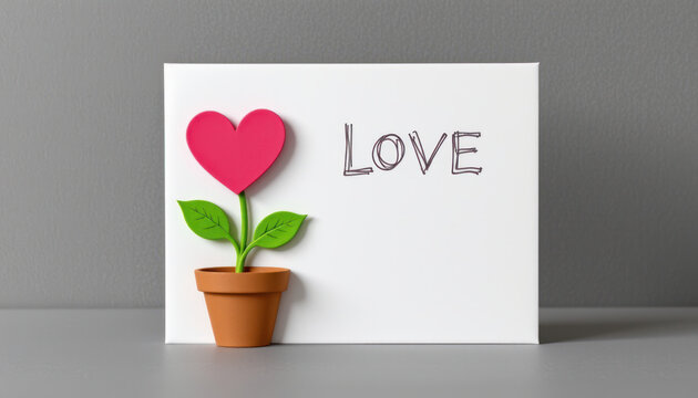 Love heart plant pot card romance pink green love heart plant pot card romance pink green playful decoration on gray wall background