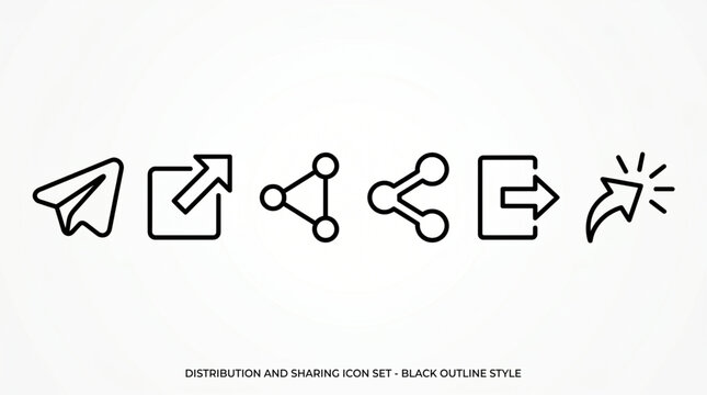 Distribution and sharing icon set featuring Telegram paper plane, external link, network node, export, logout, and redirect arrow symbols. Black outline UI UX interface elements for mobile app icons.