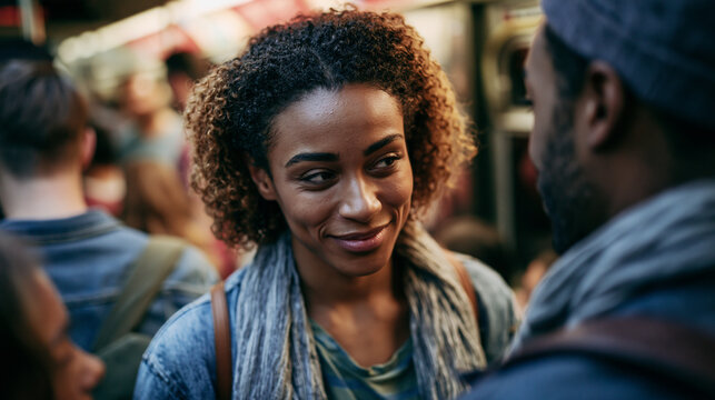 Strangers making brief eye contact in a crowded subway car, subtle missed connection moment, photorealistic street photography, natural candid vibe